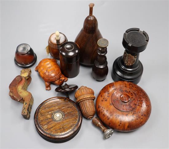 Thirteen carved wood novelties, including a rook-shape chess prize, 8cm